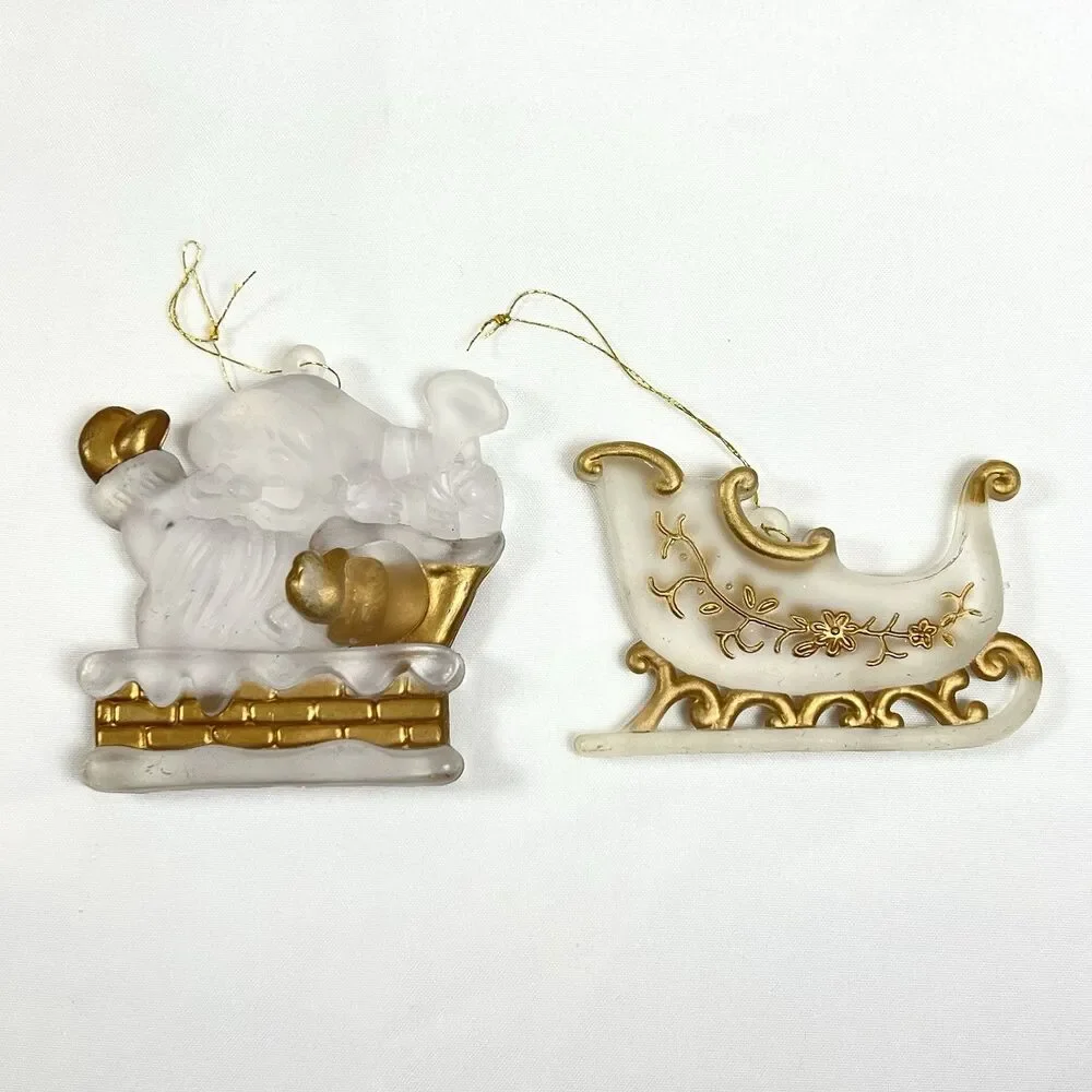 VTG Clear Frosted Acrylic Christmas Ornaments Gold Trim 13pc LOT Santa Dove Bell